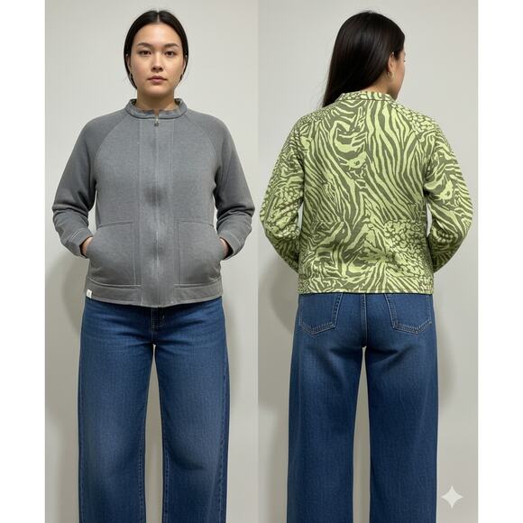 Reversible Green and gray Animal abstract Print Zip Up Flattering Jacket Sz S/M - Picture 2 of 8